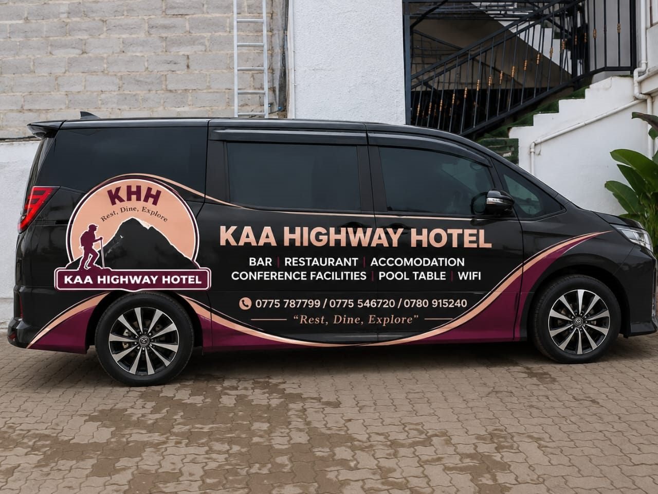 KAA Highway Hotel van used for Entebbe airport pickups and tours in Mukono, Uganda